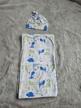 Baby Essentials Blue, Green & White Dinosaur Swaddle with Knotted Hat